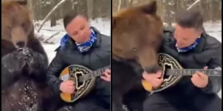 Λαρισαίος έγινε viral παίζοντας μπουζούκι στα χιόνι με μια αρκούδα δίπλα του να τον γλείφει(Βίντεο)