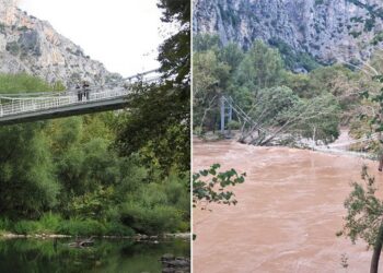 Κακοκαιρία Daniel – Θεσσαλία: Σε 18 μέτρα ύψος έφτασαν τα νερά στην κοιλάδα των Τεμπών – Σχεδόν κάλυψαν την κρεμαστή γέφυρα