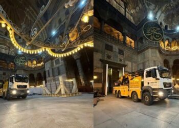 Γερανοί και φορτηγά… μέσα στην Αγία Σοφία: Εικόνες που προκαλούν ντροπή και ερωτήματα
