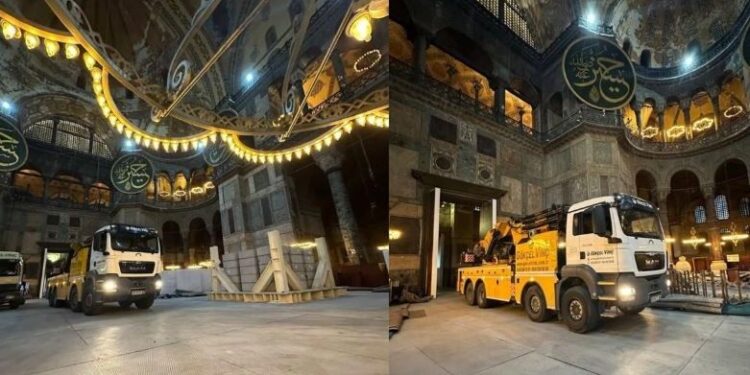 Γερανοί και φορτηγά… μέσα στην Αγία Σοφία: Εικόνες που προκαλούν ντροπή και ερωτήματα