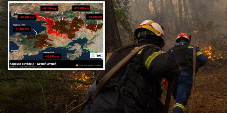 Ο χάρτης της καταστροφής στη Δυτική Αττική: Κάηκαν πάνω από 480.000 στρέμματα σε 9 χρόνια